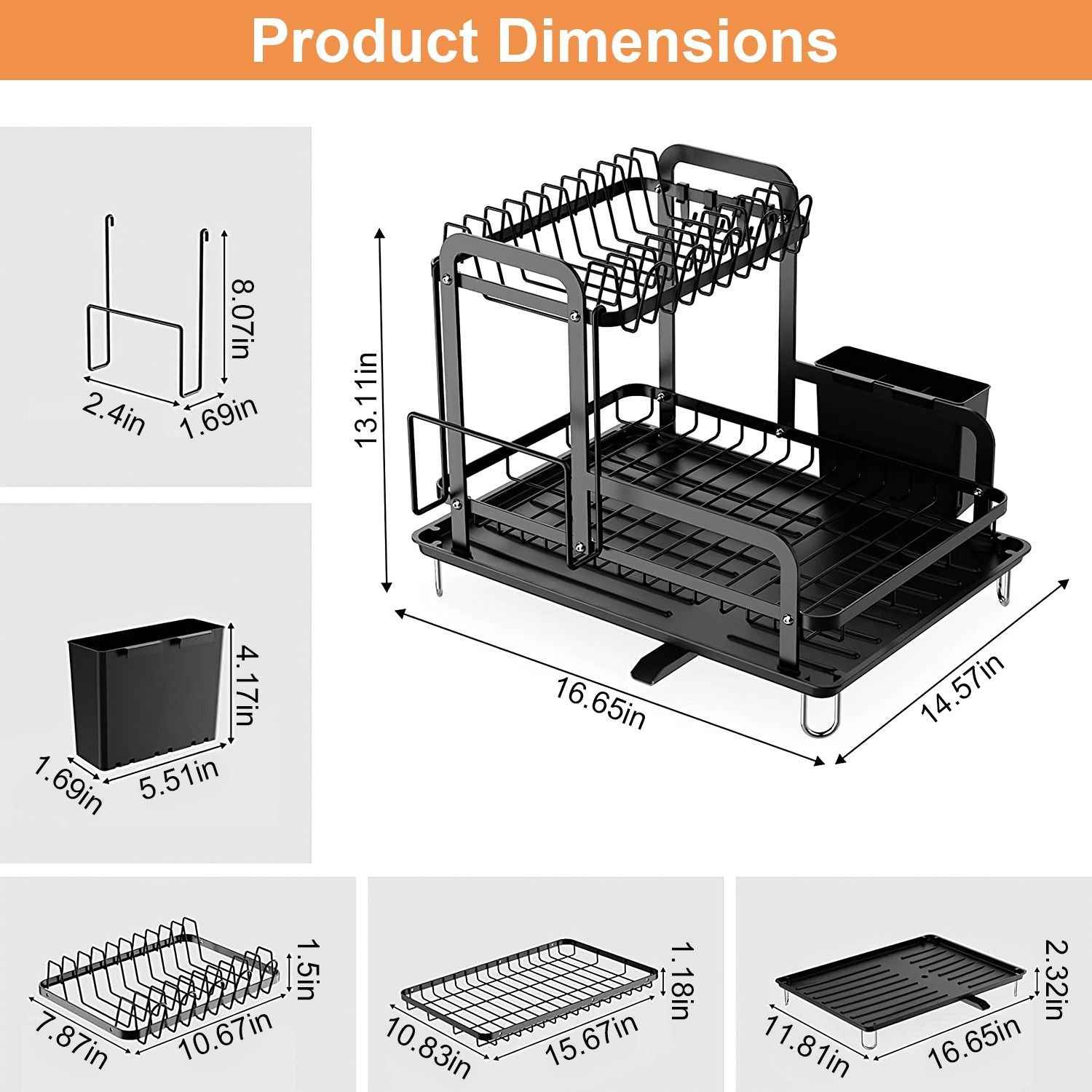 2-Tier Dish Drying Rack for Kitchen Counter Space Saving Rustproof Dish Rack with Drainboard Detachable Kitchen Drainer Organizer Set with Utensil Holder Bowl Rack Dish Rack Chopping Board Rack